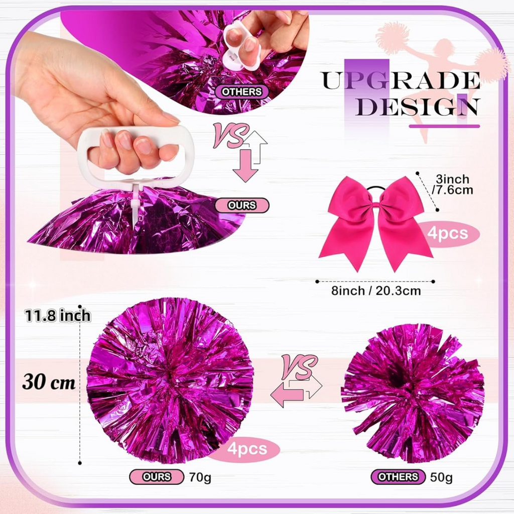 Jaxine 8 Pcs Metallic Cheerleading Pom Pom Set with Hair Bows | Rosy