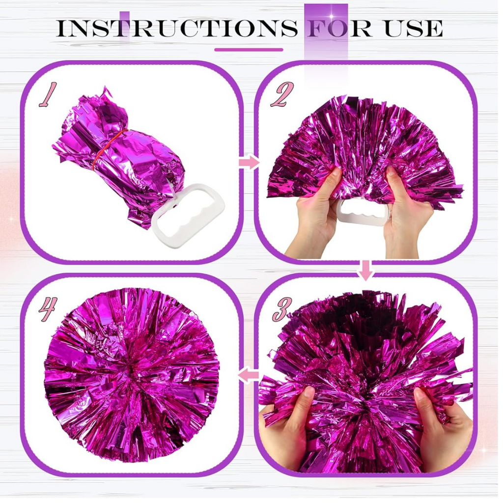 Jaxine 8 Pcs Metallic Cheerleading Pom Pom Set with Hair Bows | Rosy