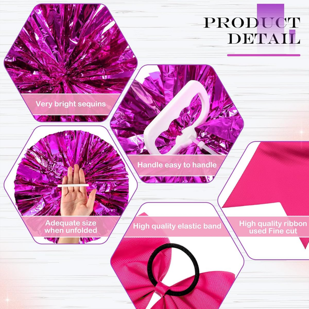 Jaxine 8 Pcs Metallic Cheerleading Pom Pom Set with Hair Bows | Rosy
