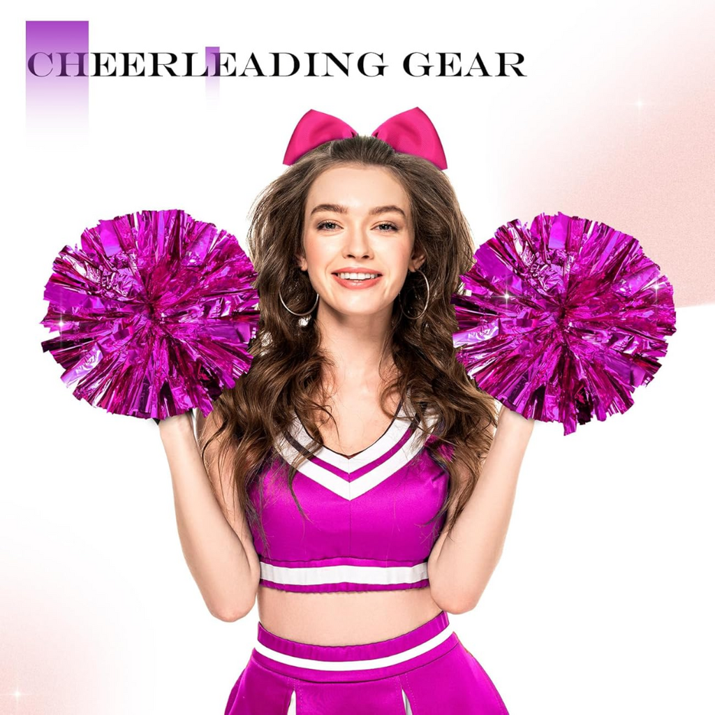 Jaxine 8 Pcs Metallic Cheerleading Pom Pom Set with Hair Bows | Rosy