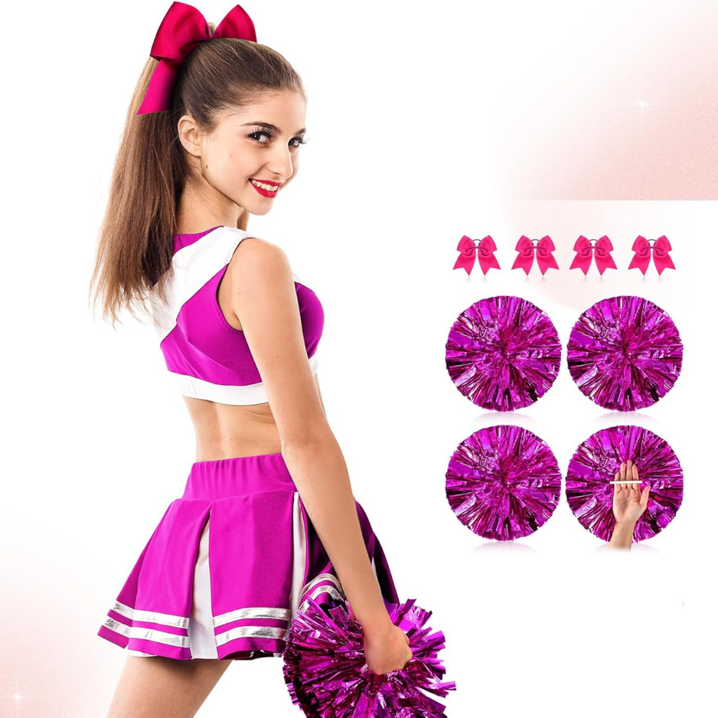 Jaxine 8 Pcs Metallic Cheerleading Pom Pom Set with Hair Bows | Rosy
