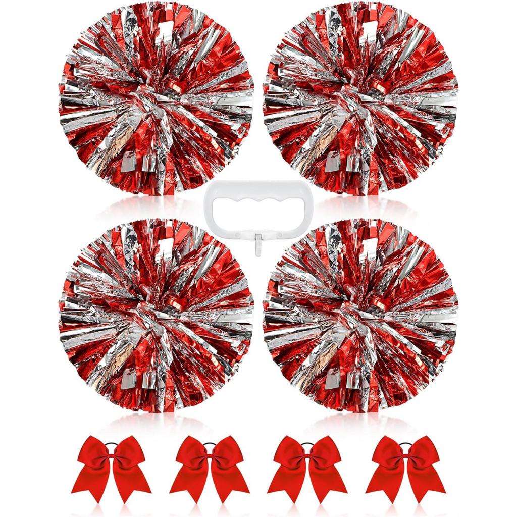 Jaxine 8 Pcs Metallic Cheerleading Pom Pom Set with Hair Bows | Red