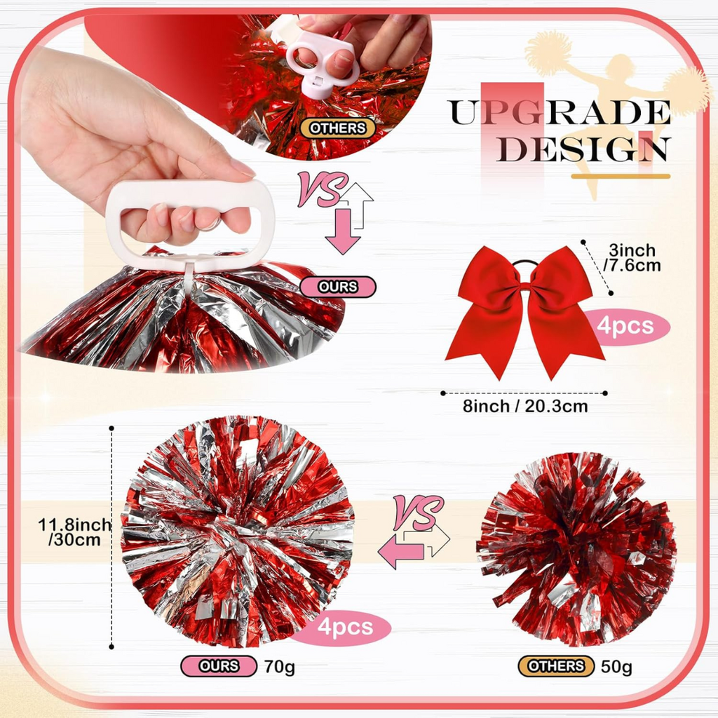 Jaxine 8 Pcs Metallic Cheerleading Pom Pom Set with Hair Bows | Red