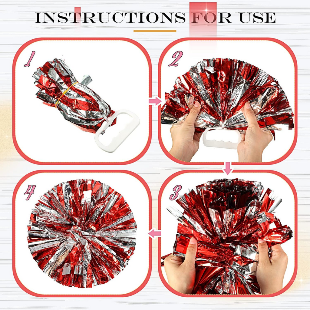 Jaxine 8 Pcs Metallic Cheerleading Pom Pom Set with Hair Bows | Red