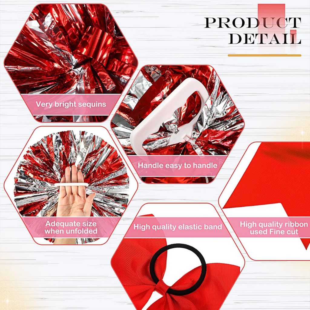 Jaxine 8 Pcs Metallic Cheerleading Pom Pom Set with Hair Bows | Red
