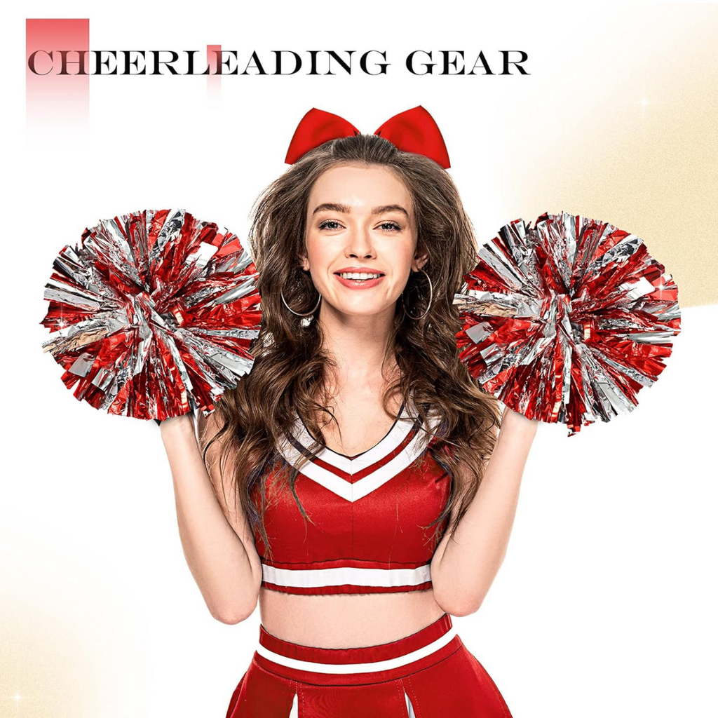 Jaxine 8 Pcs Metallic Cheerleading Pom Pom Set with Hair Bows | Red
