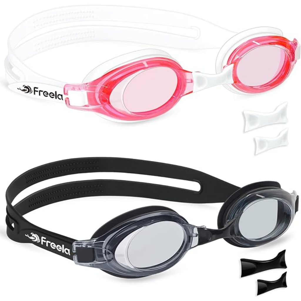Freela Kids Swim Goggles | 2 Pack | Adjustable (Age 3-15) | Black & Red