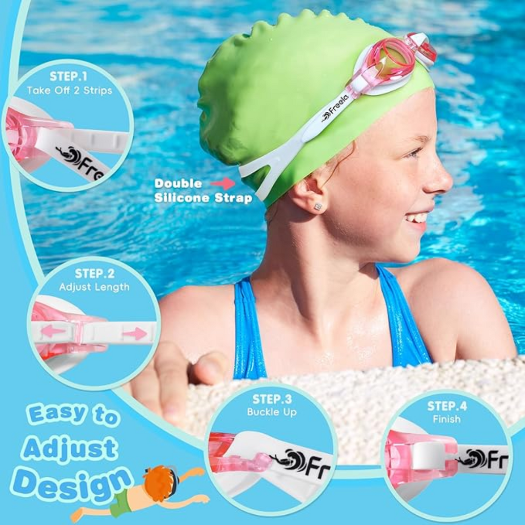 Freela Kids Swim Goggles | 2 Pack | Adjustable (Age 3-15) | Black & Red