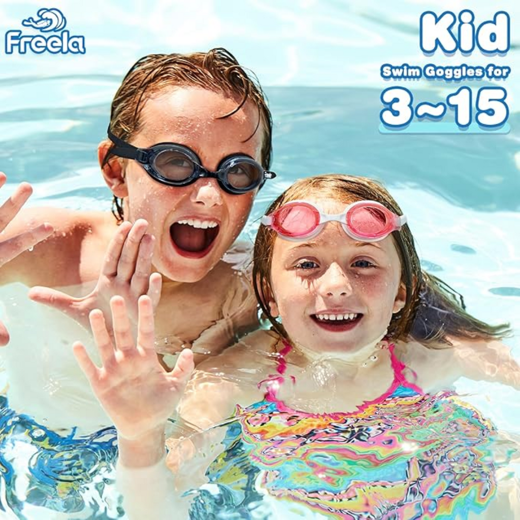 Freela Kids Swim Goggles | 2 Pack | Adjustable (Age 3-15) | Black & Red