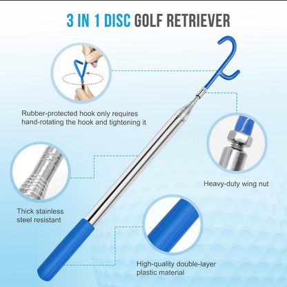 3 in 1 Telescopic Disc Golf Retiever | 16" - 16' Pole | Stainless Steel