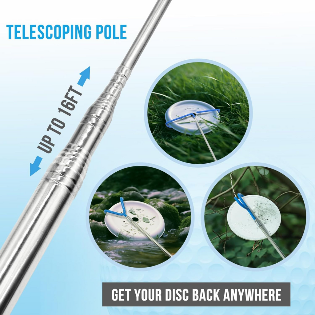 3 in 1 Telescopic Disc Golf Retiever | 16" - 16' Pole | Stainless Steel