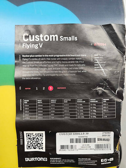 '13 Burton Custom Smalls 30 Snowboard w/ '12 Burton Freestyle One-Up Bindings | 130cm | Flying V | True-Twin